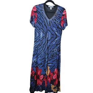 SERENGETI Blue Red Animal Print Floral Silky Knit Bling Maxi Dress SZ M